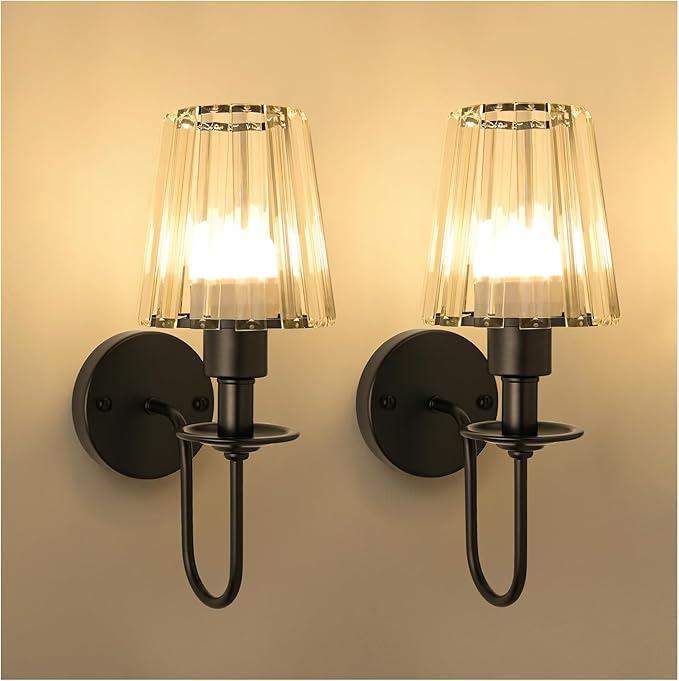 Battery Operated Wall Sconces Set of 2 – 5200mAh Rechargeable Crystal Glass, 15 Colors & 10-Level Dimmable, Wireless Wall Lights for Living Room & Bedroom,Black