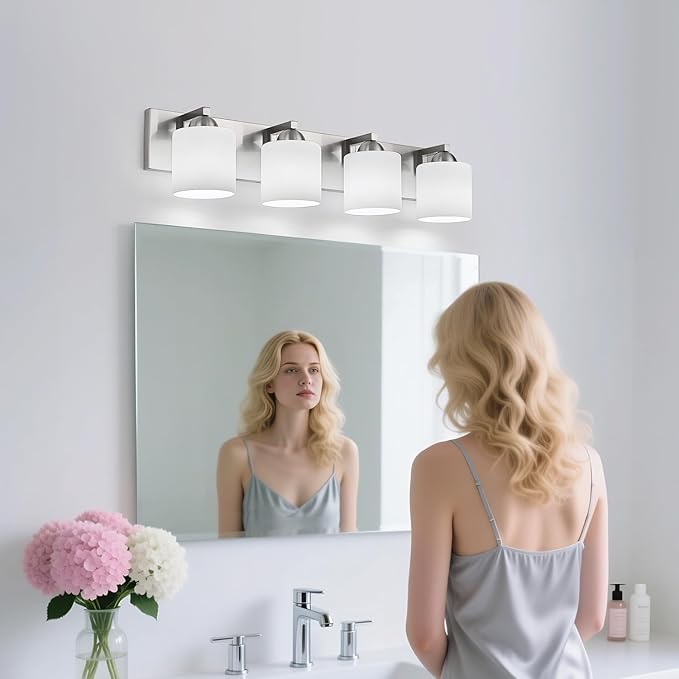 mirrea 30in 4-Light Brushed Nickel Vanity Lights for Bathroom, Vanity Lighting Fixtures with Etched White Glass Shades
