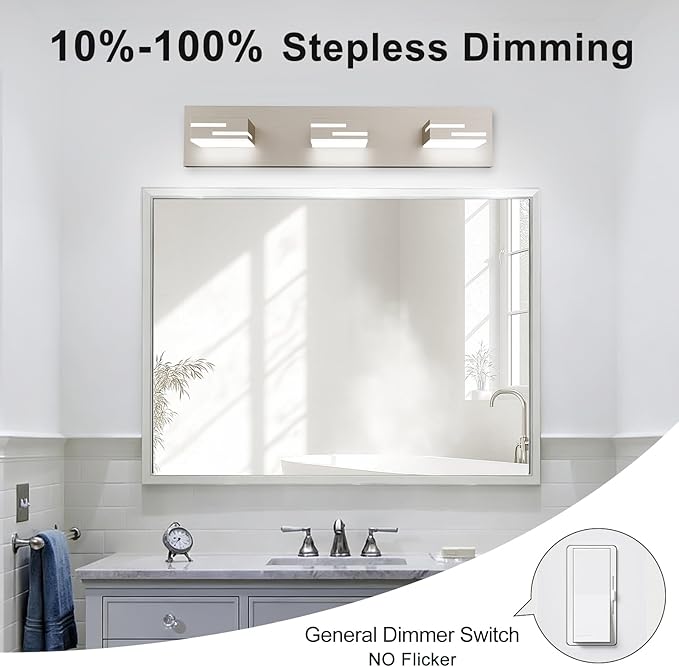 LED Modern Bathroom Vanity Light Fixtures, 3-Light 22-inch Dimmable Brushed Nickel Vanity Lights for Bathroom Lighting Fixtures Over Mirror, with 360° Rotatable Acrylic Heads (Cool White 6000K)