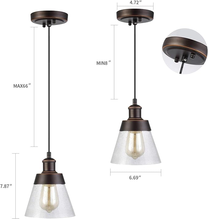Rustic Glass Pendant Light with Handblown Clear Seeded Glass Shade, One-Light Adjustable Industrial Cone Mini Pendant Lighting Fixture for Kitchen Island Cafe Bar Farmhouse, Oil Rubbed Bronze