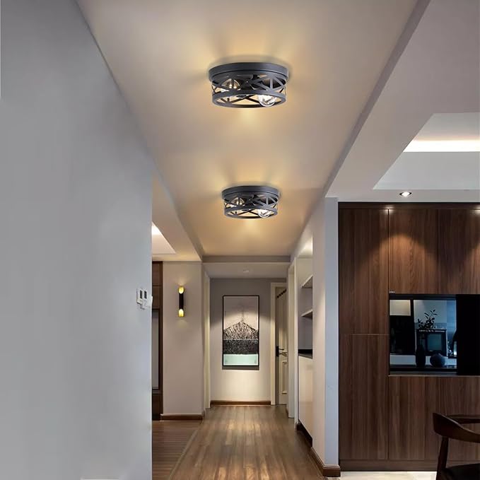 2 Pack Black Farmhouse Flush Mount Ceiling Light,2-Light Rustic Hallway Light Fixtures,Industrial Lighting Fixtures Ceiling Mount for Kitchen Hall Entry Bedroom Closet