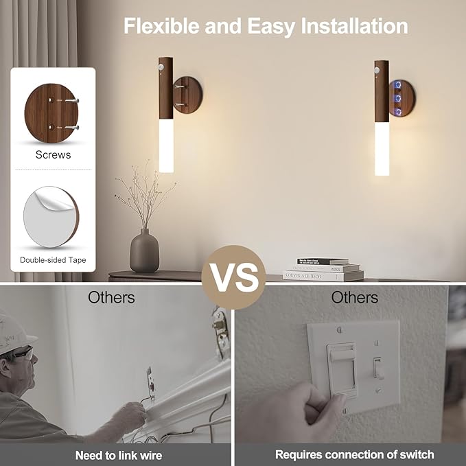 WhitePoplar Rechargeable Motion Sensor Night Lights - 2200mAh Battery Operated Wall Sconces, Wireless Wall Lights Sconce, Magnetic Portable Hallway Light for Picture Stair Cabinet, 3000K 4 Pack