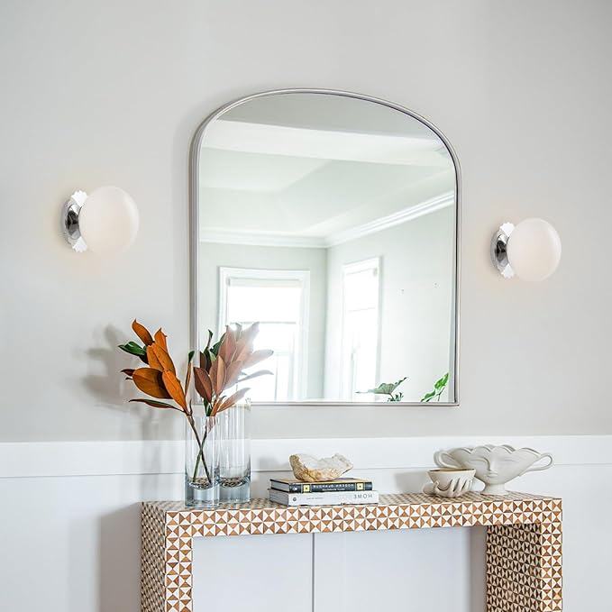 Modern Globe Glass Wall Sconces- Minimalist Home Shop Decor Wall Light 7" Glass Shade Hardwired- 1 Light Mid Century Wall Lamps Indoor Bedroom Bathroom Hallway Vanity Sconce Light (Chrome-White)