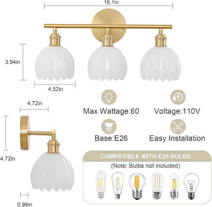 Gold Bathroom Light Fixtures Over Mirror, 3 Light Bathroom Vanity Light Fixture with Tulip Milk White Glass Lampshade, Vintage Vanity Lights for Bathroom, Bathroom Vanity Lights Over Mirror