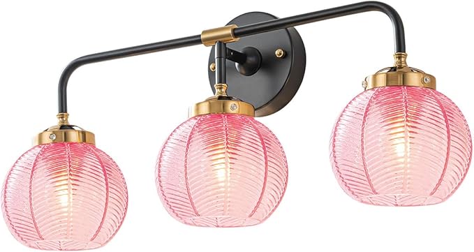 Modern Bathroom Light Fixture Pink Wall Lights with Ribbed Glass Shade 3-Lights Vintage Black Vanity Light Over Mirror Wall Sconce Decor Lighting Fixtures for Bath Farmhouse Bedroom