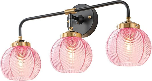 Modern Bathroom Light Fixture Pink Wall Lights with Ribbed Glass Shade 3-Lights Vintage Black Vanity Light Over Mirror Wall Sconce Decor Lighting Fixtures for Bath Farmhouse Bedroom