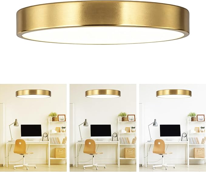 SOTTAE 9 Inch Brushed Gold Metal Flush Mount LED Ceiling Light, 3000K-5000K Thin Round Low Profile Ceiling Lamp, Modern Dimmable Gold Ceiling Light Fixture for Bedroom Hallway Bathroom Kitchen