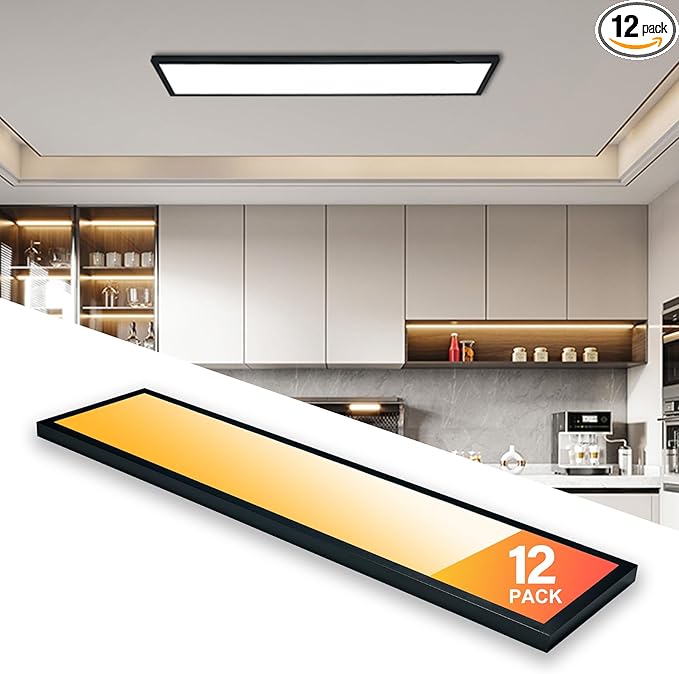 12-Pack Black 1x4 LED Flat Panel Light Surface Mount, 5000K-4000K-3000K Selectable & Triac Dimmable, for Kitchen, Garage, 40W, 100-277V, ETL