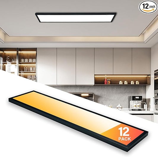 12-Pack Black 1x4 LED Flat Panel Light Surface Mount, 5000K-4000K-3000K Selectable & Triac Dimmable, for Kitchen, Garage, 40W, 100-277V, ETL