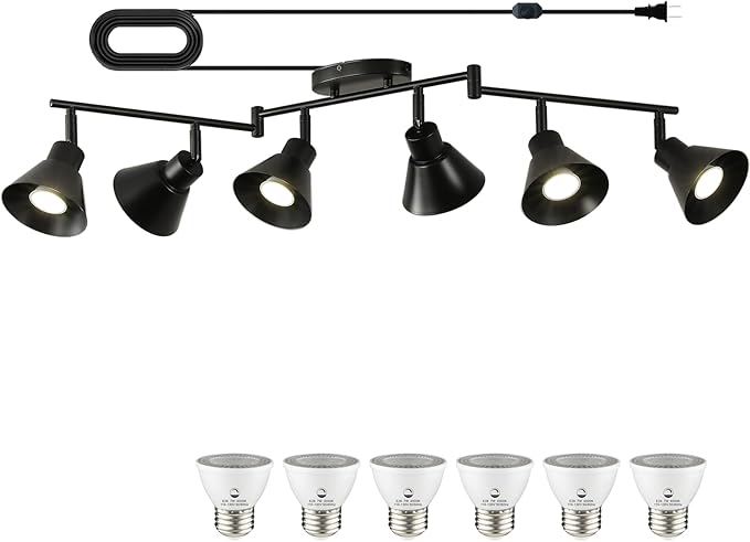 6 Light Plug in Track Lighting Kit,Modern Plug in Ceiling Light Fixture,16.4ft Cord,6 Way Ceiling Spot Lighting,Flexibly Rotatable Light Head (Black)