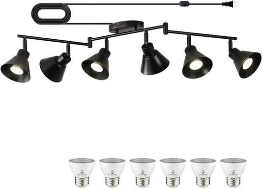 6 Light Plug in Track Lighting Kit,Modern Plug in Ceiling Light Fixture,16.4ft Cord,6 Way Ceiling Spot Lighting,Flexibly Rotatable Light Head (Black)