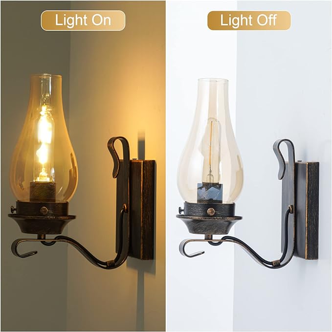 Wall Sconces Sets of 2, Oil Rubbed Bronze Hardwired Wall Sconce Indoor, Retro Rustic Wall Lamps with Amber Glass,Vintage Bedside Sconces Wall Lighting for Living Room Bathroom
