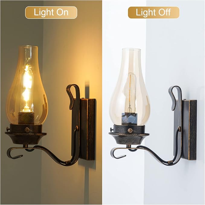 Yisuro Hardwired Wall Sconce,Oil Rubbed Bronze Hardwired Wall Sconce Indoor, Retro Rustic Wall Lamps with Amber Glass,Vintage Bedside Sconces Wall Lighting for Living Room Bathroom