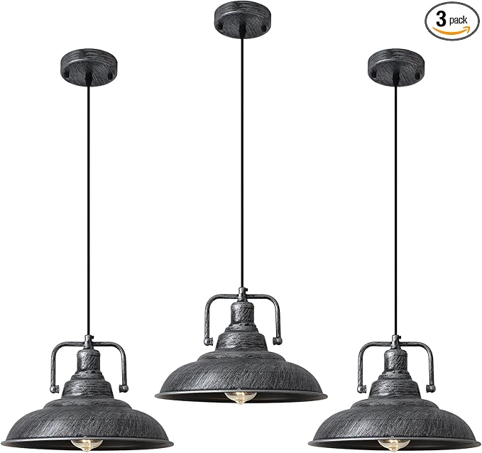 Black and Silver Pendant Light 12.5 inches 3 Packs, Farmhouse Pendant Light, Industrial Pendant Light, Kitchen Pendant Lights, Pendant Lights Kithen Island for Bedroom; Living Room; Kitchen