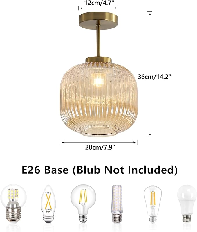 KCO Lighting Amber Glass Ceiling Lamp Mid Century Modern Ceiling Lights Gold Brass Semi Flush Mount Ceiling Light Small Bathroom Ceiling Light Fixtures
