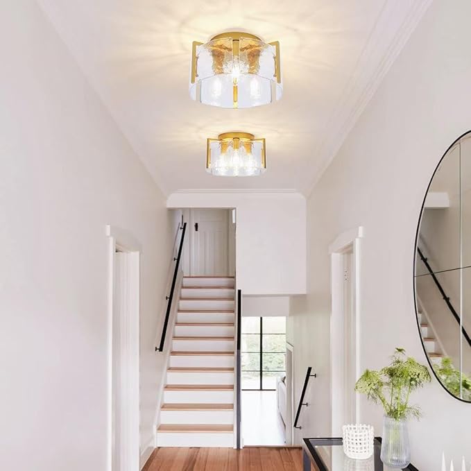 Modern 3-Light Semi Flush Mount Ceiling Light, Gold with Water Ripple Glass Shade, Farmhouse Close to Ceiling Light Fixture for Hallway, Bedroom, Kitchen, Living Room, Entryway