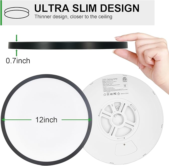 LED Flush Mount Ceiling Light: 12 inch 1Pack Super Slim Dimmable & 5CCT (2700-6500K) Kitchen Lighting Fixtures Ceiling - 24W Black Low Profile Ceiling Lamp for Bedroom Garage Hallway