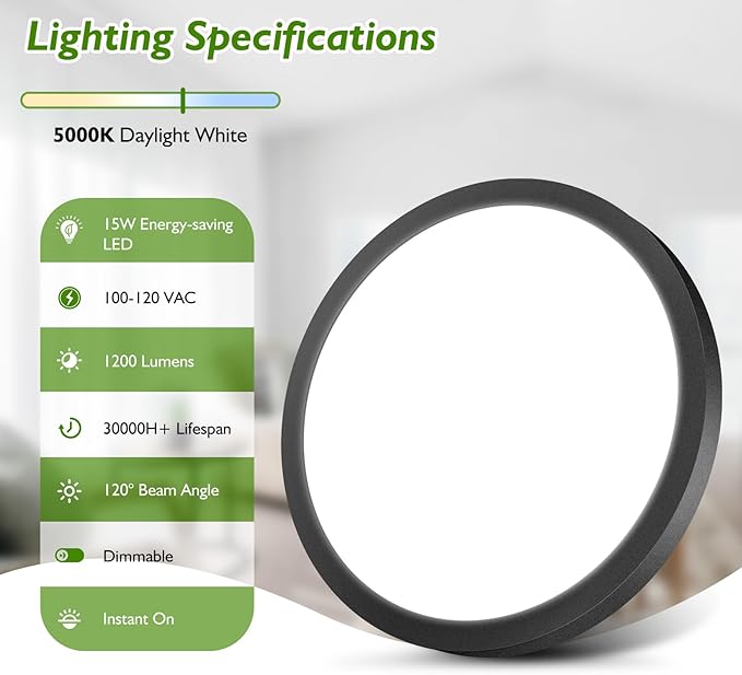 Black LED Flush Mount Ceiling Light Fixture, 100W Equivalent Dimmable Modern Recessed Ceiling Lamp 5000K Daylight White 15W 1200Lm 7 Inch Thin Flat Ceiling Light for Closet Kitchen Hallway, 1-Pack