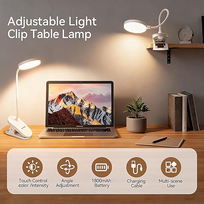 Clip On Clamp Light for Bed Headboard,Rechargeable Desk Lamp,3 Colors (White/Warm White/Warm),Dimmable 360° Gooseneck,20 LED,Eye-Caring Light for Study & WorkCollege Dorm Essentials for Girls & Guys