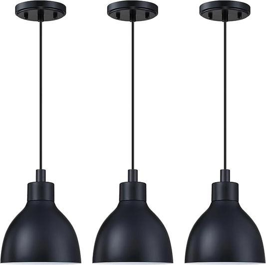 Single Hanging Kitchen Island 6" Drum Industrial Metal Pendant Ceiling Light Fixtures for Over Sink,Dining Room,Corridor,Entryway,Hallway 3 Pack Black