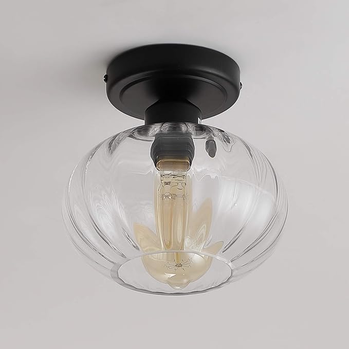 Fivess Lighting Industrial Glass Flush Mount Light Fixture Clear Glass Shade Rustic Semi Flush Mount Ceiling Light for Hallway Entryway Kitchen Farmhouse, Black