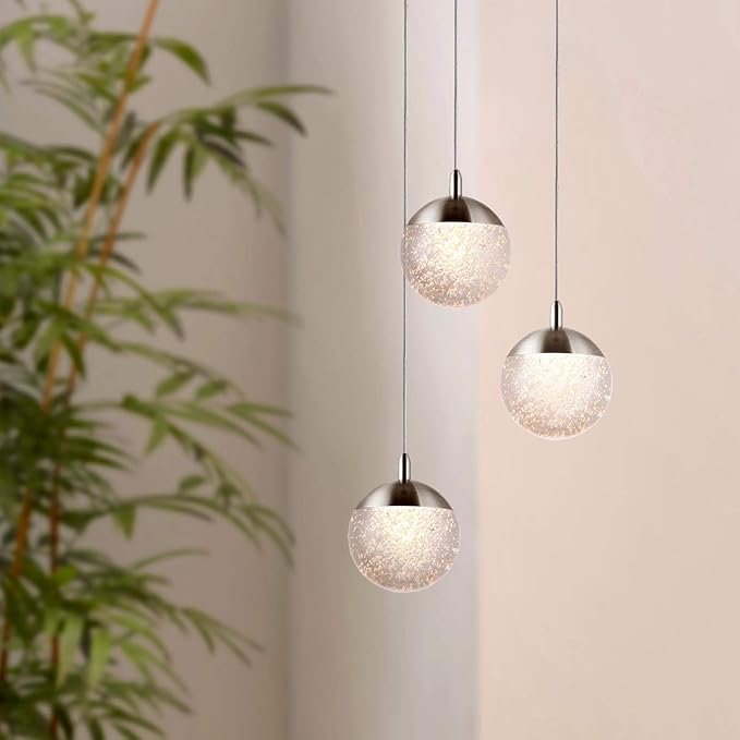 contec development Galaxy 3 Mini Pendant Crystall Ball Lighting Nickel - LED Hanging Light Fixture: Kitchen Island, Bar, Foyer - Cluster Pendants - Dimmable, Adjustable Wire, Lamp Bulb Included