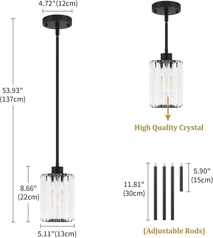 3 Pack Black Pendant Lights Kitchen Island, Modern Crystal Kitchen Pendant Lighting Over Island, Adjustable Hanging Bathroom Light Fixtures Mini Pendant Light for Dining Room Hallway Entryway Foyer
