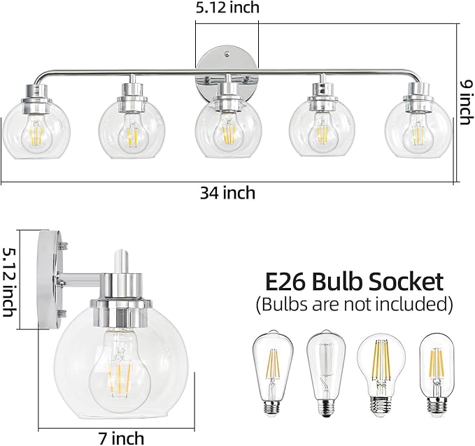 Bathroom Light Fixtures Chrome Vanity Light Silver 5 Light Modern Wall Sconces Lighting Bathroom Lights with Globe Glass Shades Bath Wall Lights for Mirror Kitchen Living Room Hallway 34.5"