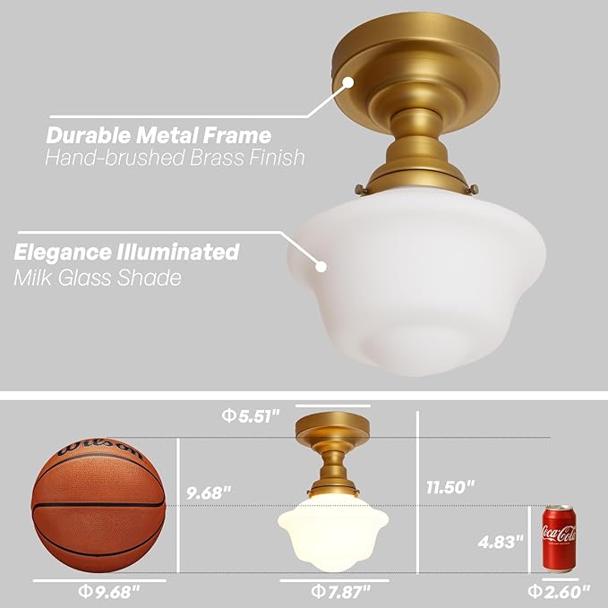 Modern Schoolhouse Semi Flush Mount Ceiling Light,Brass Gold Close to Ceiling Light Fixtures with Milky White Glass Hallway Ceiling Lamp for Laundry Kitchen Entryway Bathroom E26