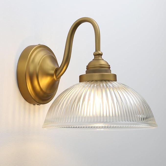 Yosoan Boho Brass Gold Vintage Wall Sconce with Striped Bowl Shade, 1-Light Indoor Hardwired Modern Vanity Industrial Single Wall Mounted Clear Texture Glass for Living Room Kitchen Bedroom(Antique)