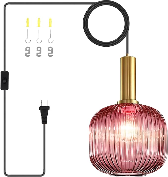 Plug in Hanging Light Fixture Pink Glass Pendant Light Plug in Mid Century Modern Chandelier Light Fixture with Cord Vintage Gold Swag Lamp for Girls Bedroom Baby Nursery Living Room Corner