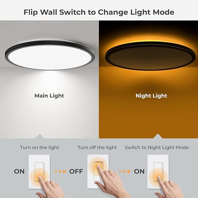 Matane 15.4in Dimmable LED Flush Mount Ceiling Light with Night Light, 36W Ceiling Lighting Fixture, 3000K/4000K/5000K Selectable, Low Profile Ceiling Lights for Bedroom, Kitchen, Hallway, Black