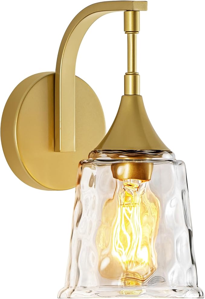 Gold Wall Sconce for Bathroom,1-Light Hardwired Wall Light Fixture with Water Ripple Glass Shade, Vintage Brass Sconce Lights for Bedroom Hallway Entryway
