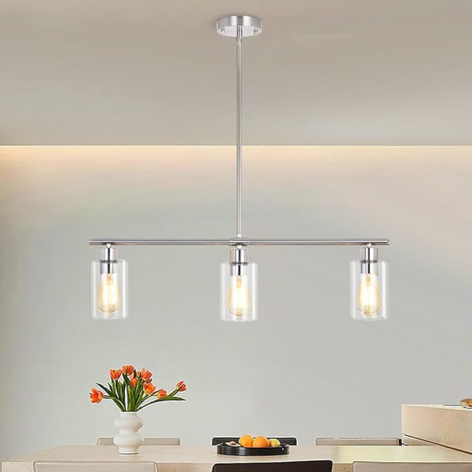3-Light Kitchen Island Lighting, Farmhouse Dining Room Light Fixtures Over Table, Modern Brushed Nickel Island Lights Over Island, Linear Chandelier Hanging Ceiling Pendant Light Fixtures for Kitchen