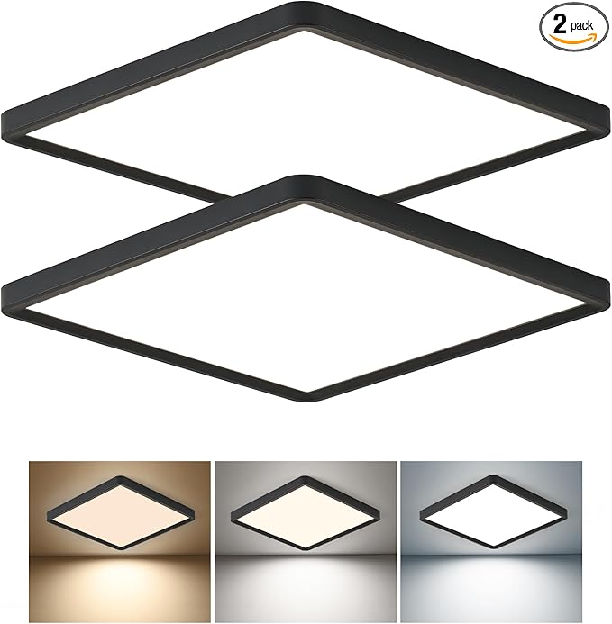 12 Inch Square LED Flush Mount Ceiling Light, 30W, 3000LM Square Light Fixture 3000K/4000K/6000K CCT Selectable, LED Flat Panel Ceiling Light Fixture for Bedroom,Kitchen,Living Room (2PK-Black)