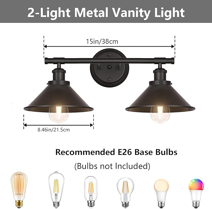 Licperron Black 2-Light Vanity Wall Sconce Lighting, Farmhouse Bathroom Wall Light Fixtures Over Mirror, Industrial Rustic Indoor Bathroom Vanity Lights for Cabinet Dressing Table Living Room