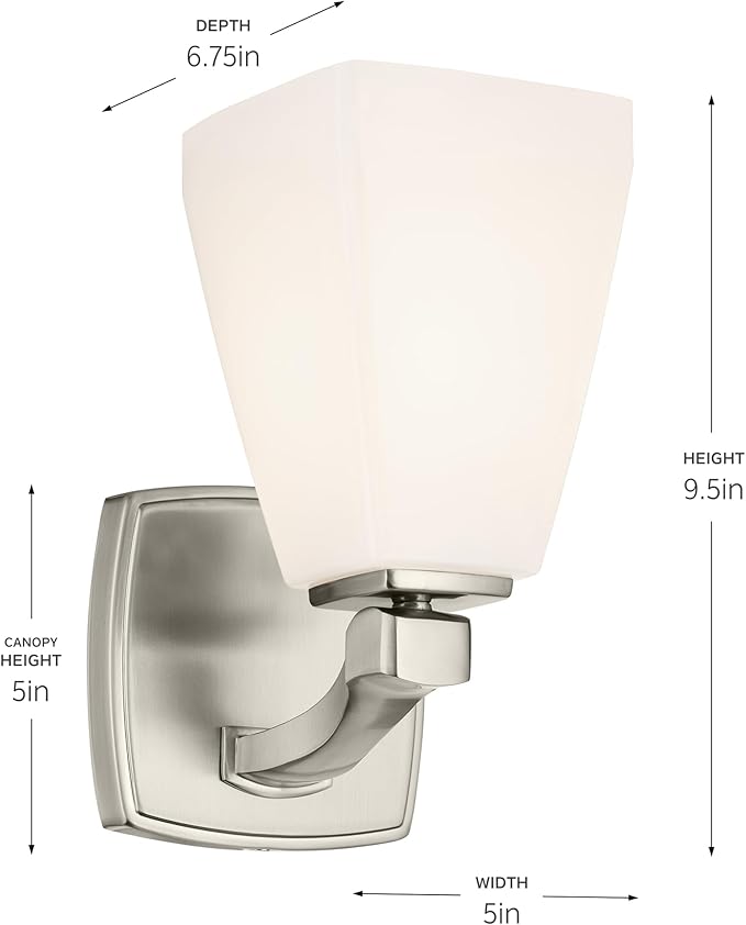 Kichler Marant 5" 1-Light Wall Sconce Bathroom Light Fixture with Opal Glass in Brushed Nickel for Bathroom, Powder Room, Hallway, Fireplace (5" W x 9.5" H), 55214NI