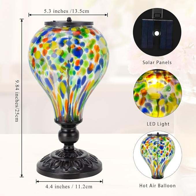 Outdoor Solar Lantern Waterproof Glass Table Lamp 9.8" H Hot Air Balloon Solar Lanterns Led Garden Lights for Patio Desk Garden Yard Tabletop Decor Ideal Gifts(Colorful Spots)