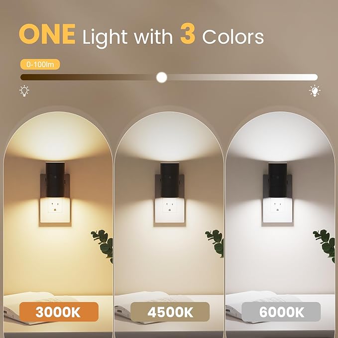 VOLISUN Night Lights Plug into Wall, Dimmable LED Nightlight with Dusk to Dawn Light Sensor, 0-100LM Adjustable Brightness, 3 Color Temperatures, Compact Size Black 6 Pack for Hallway,Bedroom,Bathroom