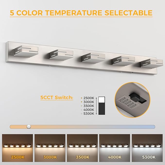 5-Light 5CCT Modern Bathroom Vanity Light Fixtures, 40-Inch 350° Rotatable LED Vanity Lights Over Mirror, Dimmable Brushed Nickel Wall Sconce with Frosted Acrylic Shade