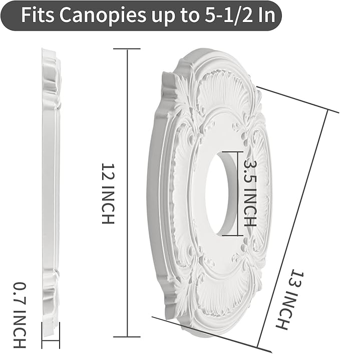 2 Pcs Molded PU Ceiling Medallion for Light Fixtures and Ceiling Fans, 13"OD x 3-1/2"ID x 3/4" P (White)