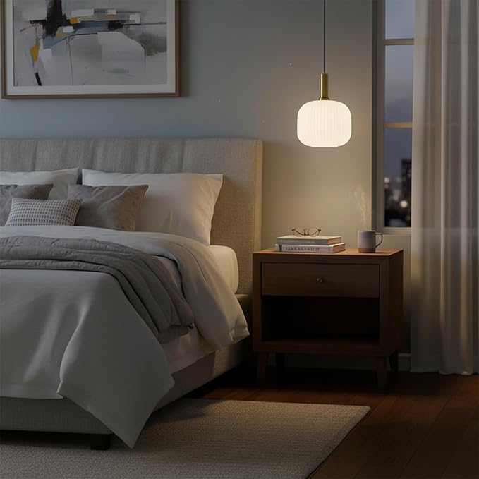 Plug in Pendant Light with Cord, 9.8" Milk Glass Hanging Light Fixture, White Ribbed Globe Swag Lamp with On/Off Switch, Mid-Century Modern Hanging Lamp for Bedroom, Kitchen, Dining Room
