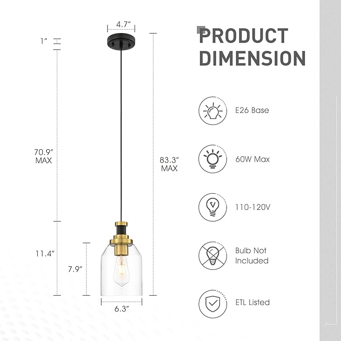 zeyu Large Pendant Lights Kitchen Island, 1-Light Clear Hanging Lights, Clear Glass Shade, Black and Gold Finish, ZG33M1L-L BK+BG