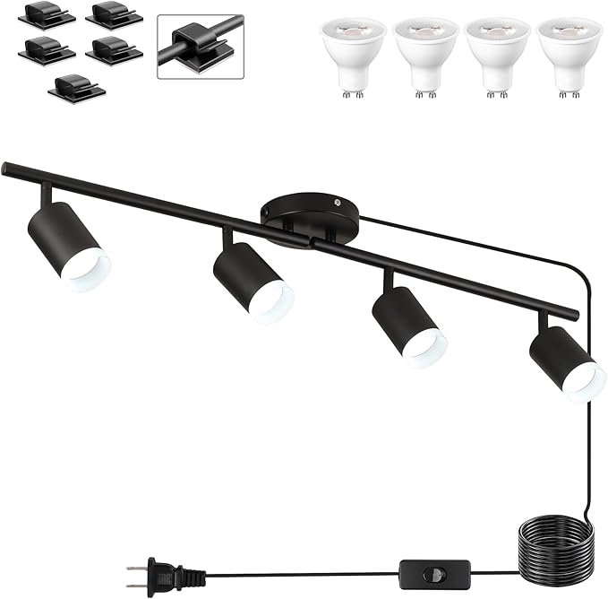 Plug in Track Lighting Kit, 80cm LED 4 Light Kitchen Track Lighting, Corded Wall Light with 16.4ft Cord, 4 Way Ceiling Spot Lighting Flexibly Rotatable Head Includes 4xGU10 Bulb (4 Black-Acrylic-80cm)