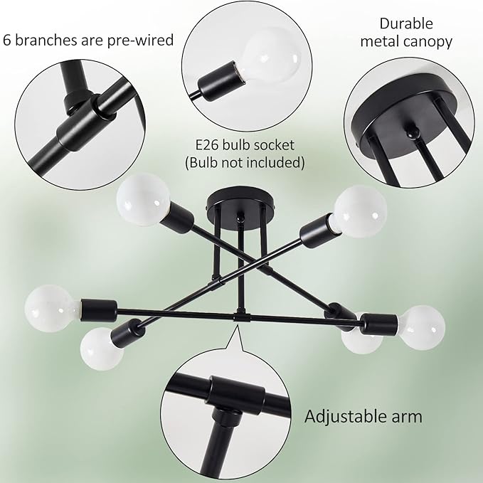 Semi Flush Mount Ceiling Light Fixture, 6 Lights Modern Sputnik Chandelier Ceiling Lamp with E26 Bulb Base, Light Fixtures Ceiling Mount for Bedroom Kitchen Living Room Hallway (Black)