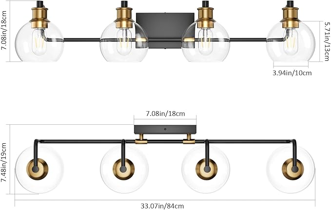 Tipace Industrial Bathroom Vanity Lighting Fixtures 4-Lights Vintage Black & Brass Finish with Globe Clear Glass Vanity Lights Farmhouse Bath Lighting(Exclude Bulb)