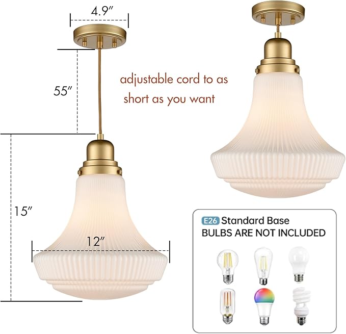 CLAXY Modern Gold Pendant Light Milk Glass Hanging Kitchen Pendant Light Fixture Dimmable- Adjustable Hanging Glass Pendant Lighting for Kitchen Dining Room Bedroom Restaurant