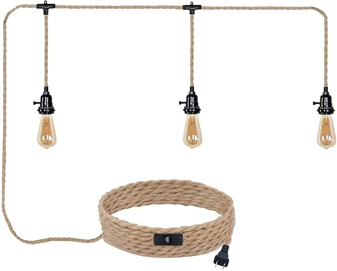 3 Plug-in Pendant Lights Kit - Hemp Rope Cord with Switch, 22 Ft Length, DIY Farmhouse Hanging Lighting Fixture