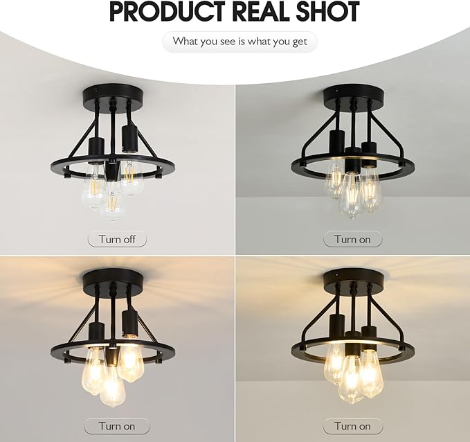 Semi Flush Mount Ceiling Light Fixture 3-Light Matte Black Ceiling Light E26 Edison Farmhouse Industrial Small Chandelier for Entryway Hallway Bedroom Kitchen Foyer Passway Balcony