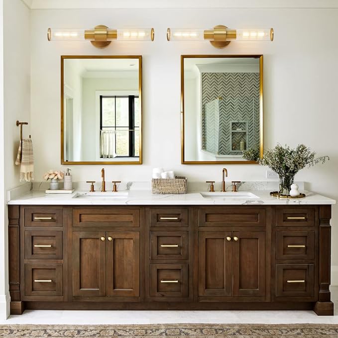 Bathroom Light Fixtures, Gold Wall Sconce in Threaded Glass Indoor Wall Sconces, Modern Bathroom Vanity Light Up and Down Sconces Wall Lighting for Living Room, Hallway - Bulb Not Included